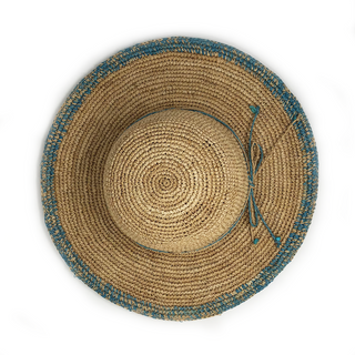 Top of Wide Brim Crown Style Camille Raffia Sun Hat in Turquoise from Wallaroo