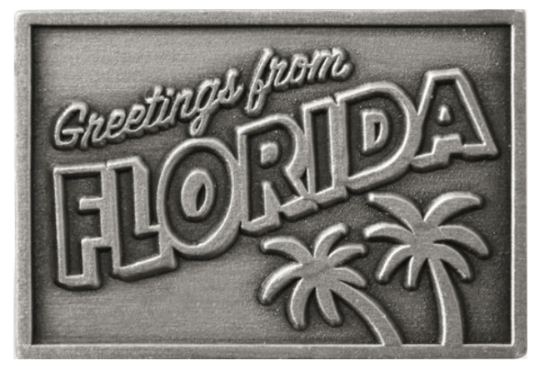 Featuring View of Greetings from Florida image on the 2-sided Metal Etched Emblem from Carkella by Wallaroo