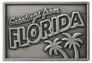 View of Greetings from Florida image on the 2-sided Metal Etched Emblem from Carkella by Wallaroo
