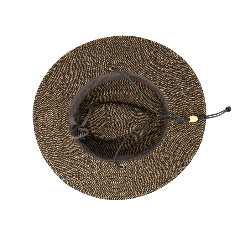 Bottom of Unisex UPF Fedora Style Logan Sun Hat with Chinstrap in Dark Brown from Wallaroo