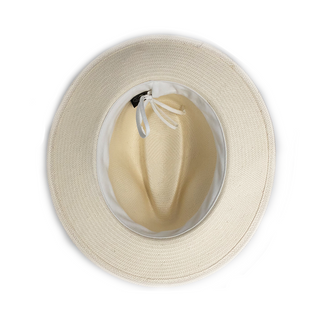 Inside of Women's Fedora Style Monterey UPF Sun Hat in Natural with Blue Pinstripe from Wallaroo