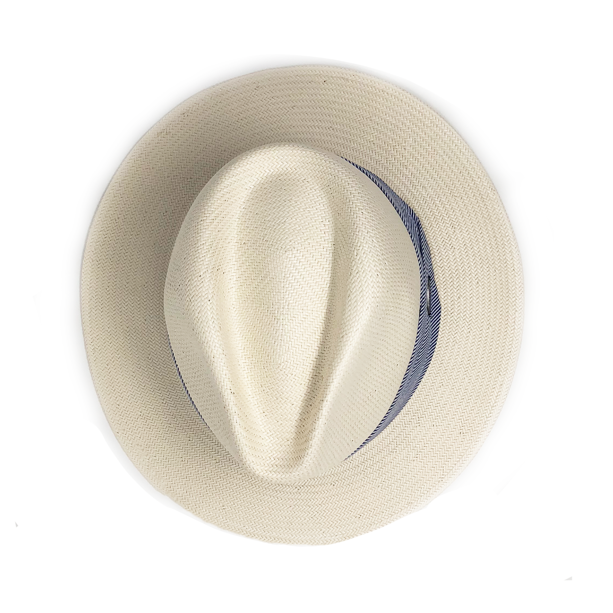 Top of Women's Fedora Style Monterey Straw Sun Hat in Natural w/Blue Pinstripe