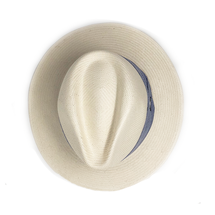 Top of Women's Fedora Style Monterey Straw Sun Hat in Natural with Blue Pinstripe from Wallaroo