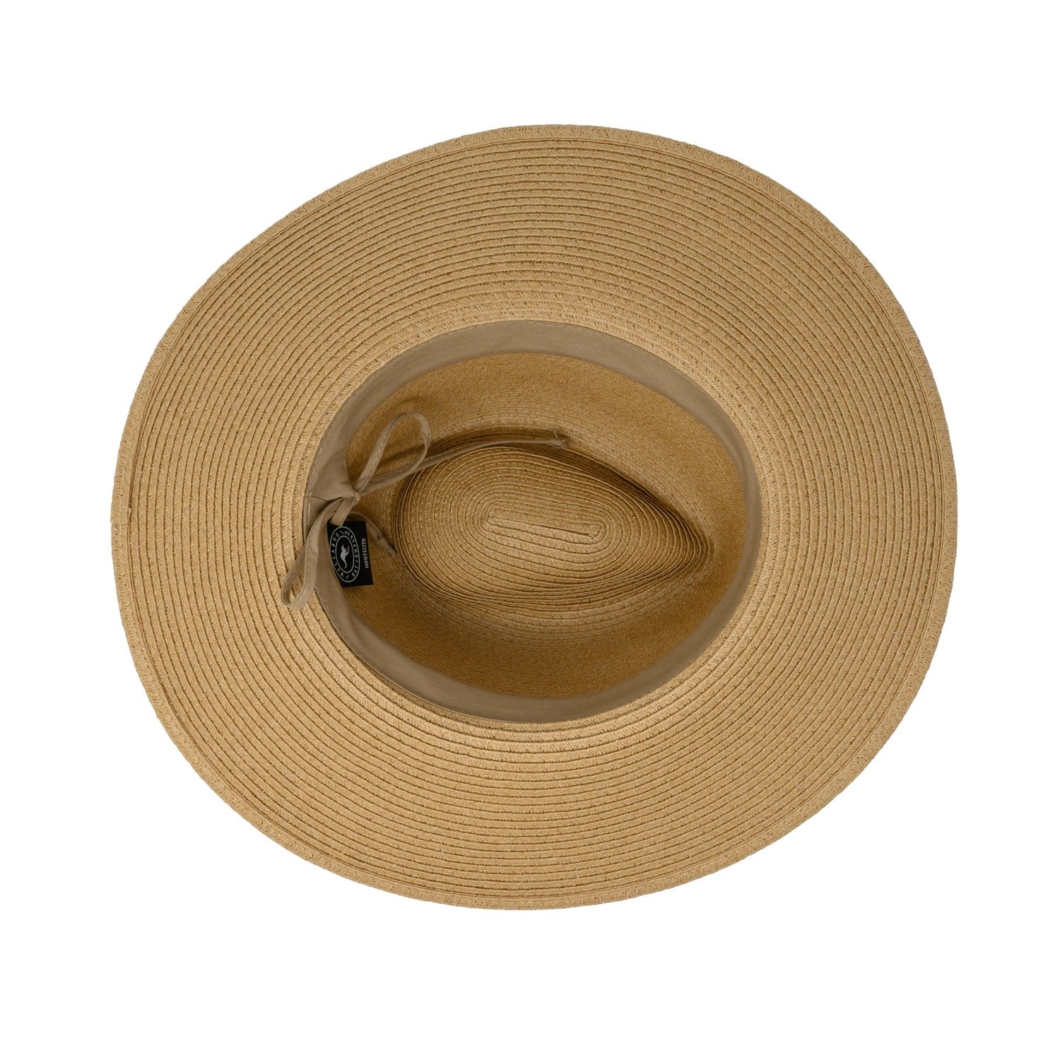 Inside of Women's Packable Wide Brim Fedora Style Montecito UPF Sun Hat from Wallaroo, Camel