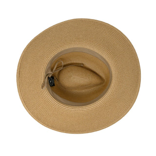 Inside of Women's Packable Wide Brim Fedora Style Montecito UPF Sun Hat in Camel from Wallaroo