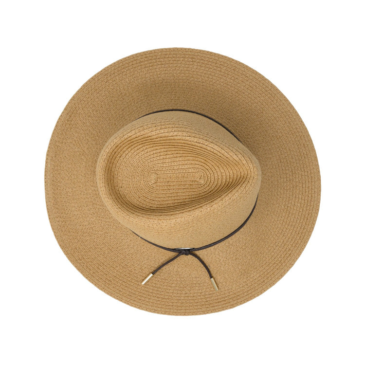Top of Women's Packable Wide Brim Fedora Style Montecito UPF Sun Hat in Camel from Wallaroo