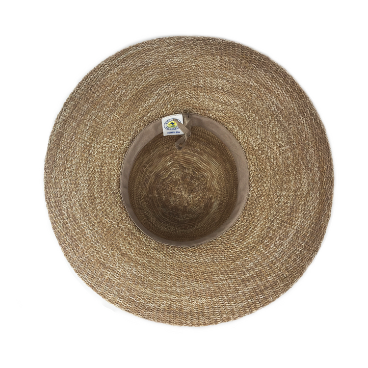 Inside of Packable Big Wide Brim Victoria Diva straw Sun Hat in Mixed/Camel from Wallaroo